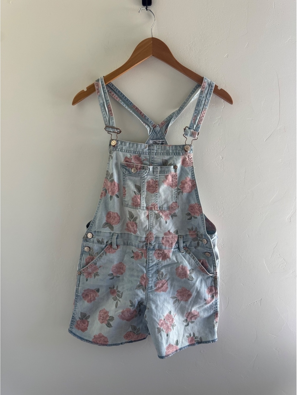 Jordache Girls Floral Denim Short Overalls Pink Rose Print Size XXL 16